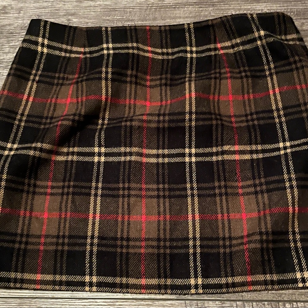 Red, black and white plaid skirt